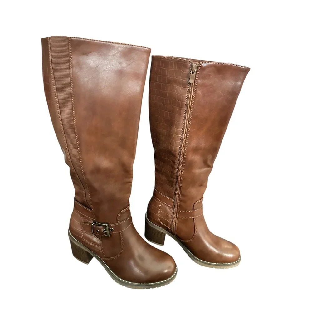 Brown Faux Leather Knee High‎ Boots Women's Buckle Detail Crocodile Embossed